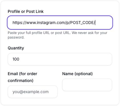 TopSocialBoost checkout details: an example Instagram post link, quantity 100, email for order confirmation and optional name.